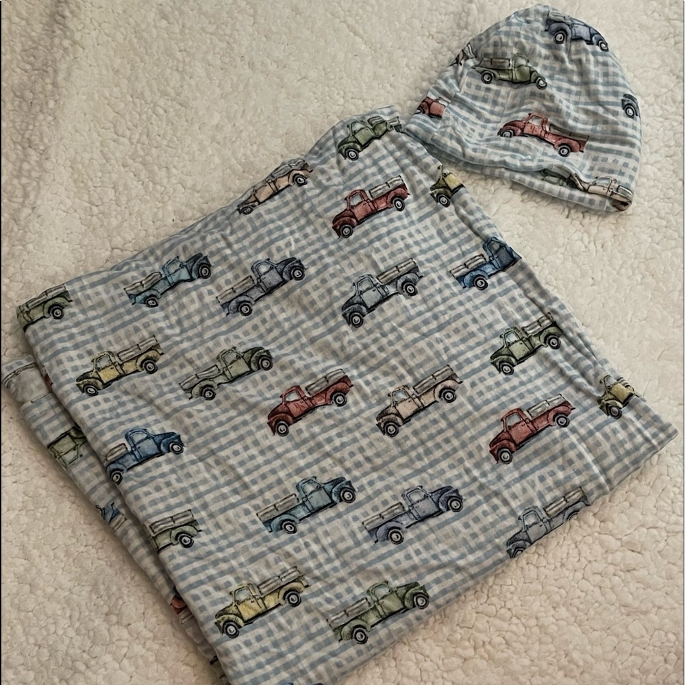 Posh Peanut Cars swaddle and cap